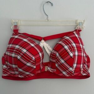 Cacique Red Plaid Bra with Lace Detail